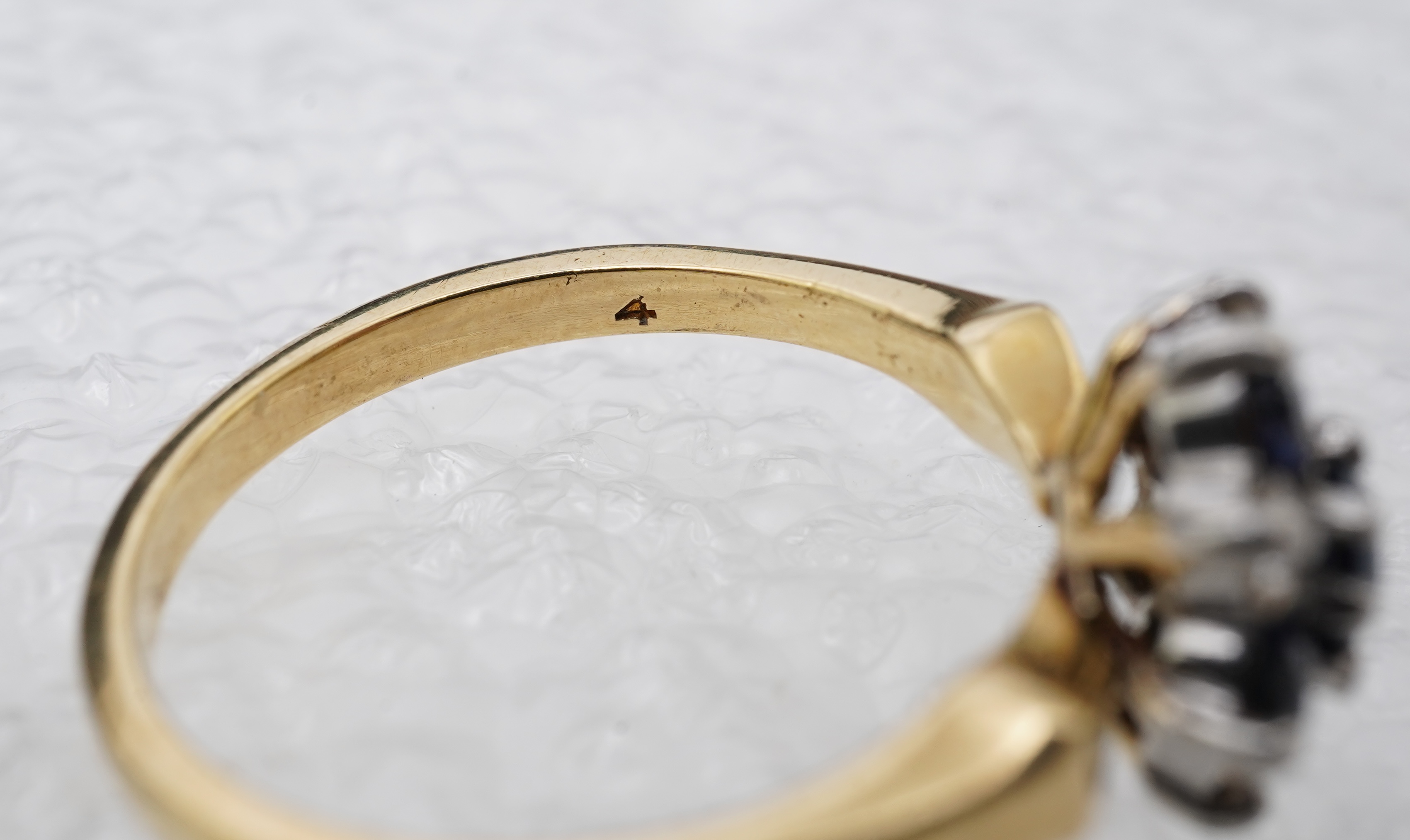 A sapphire and diamond cluster ring, set with circular-cut sapphires and brilliant-cut diamonds totalling approximately 0.20 carats, mounted in gold and platinum, size M, stamped 18CT PLAT, gross weight approximately 3.5